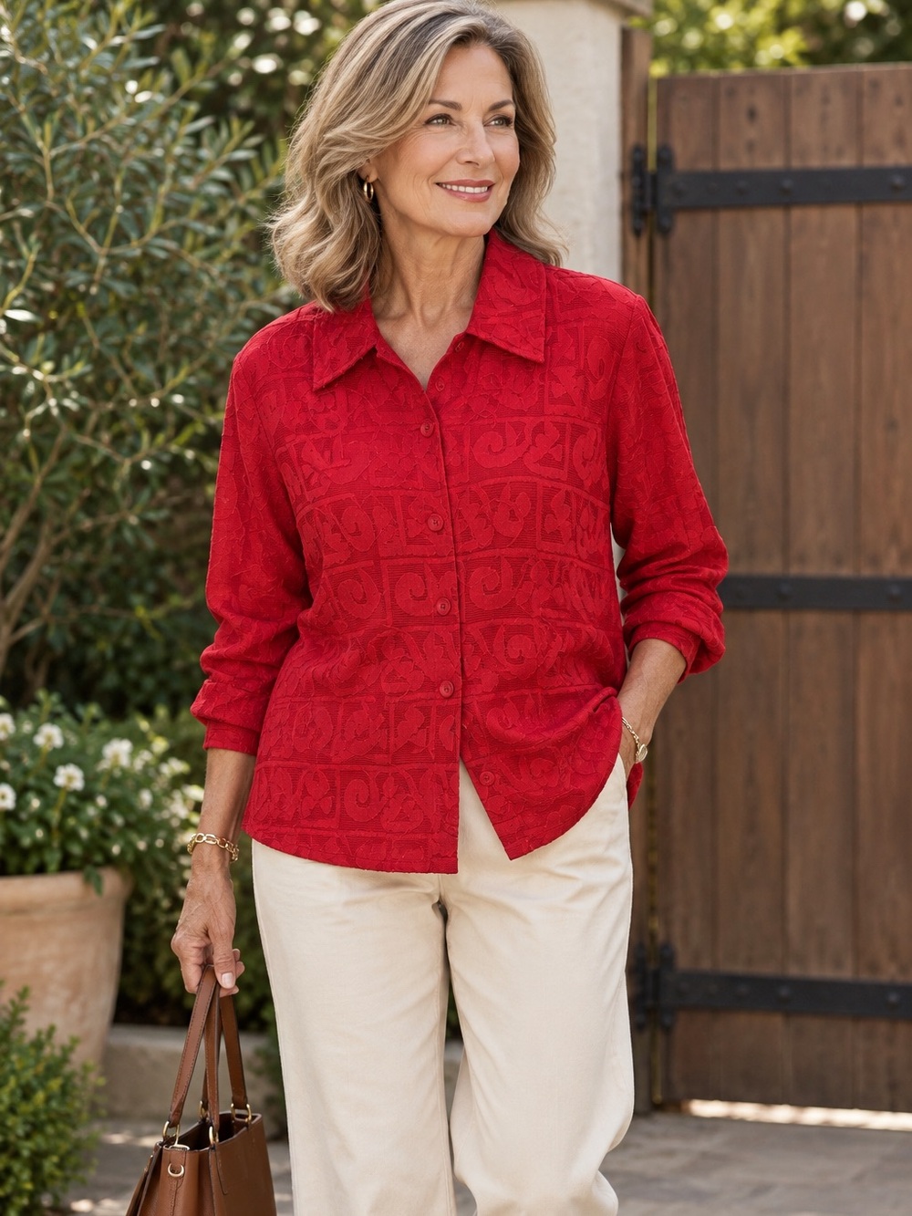 Coldwater Creek Red Textured Jacquard Button Front Shirt Women’s XL